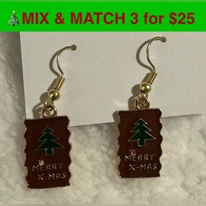 CE33 - Burgundy Red Scalloped Rectangle Earrings, Christmas Tree & Gold-tone